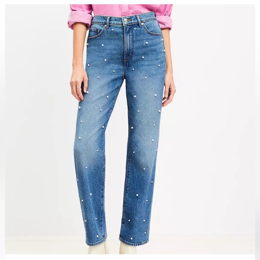 LOFT Pearlized High Rise Straight Jeans In Authentic Vintage Mid Wash